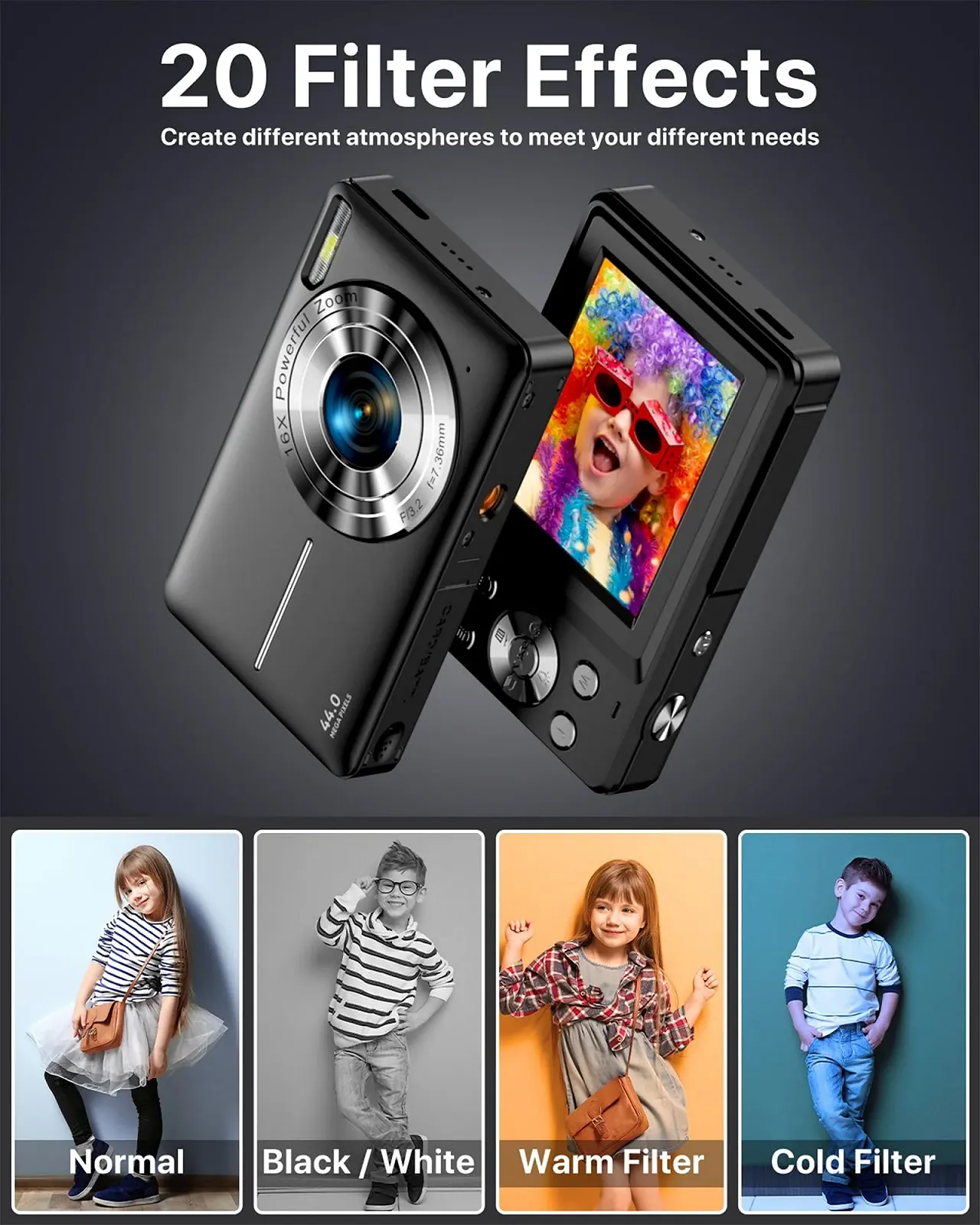 Цифровий компактний фотоапарат 1080P 44MP 2.4" LCD 16x Zoom 32GB Чорний, фото №4