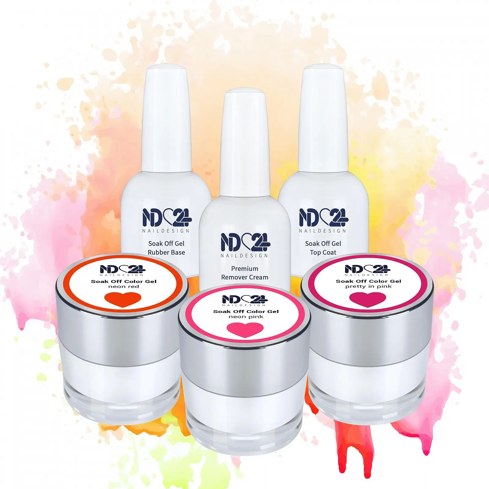 Набор гель-лаков Soak Off ND24 NailDesign Premium Bundle Summer Love: 3 x 10 г гель-лака Soak Off, каучуковая база 15 мл, топ 15 мл, средство для снятия гель-лака 15 мл, фото №1 Набор гель-лаков Soak Off ND24 NailDesign Premium Bundle Summer Love: 3 x 10 г гель-лака Soak Off, каучуковая база 15 мл, топ 15 мл, средство для снятия гель-лака 15 мл, фото №1