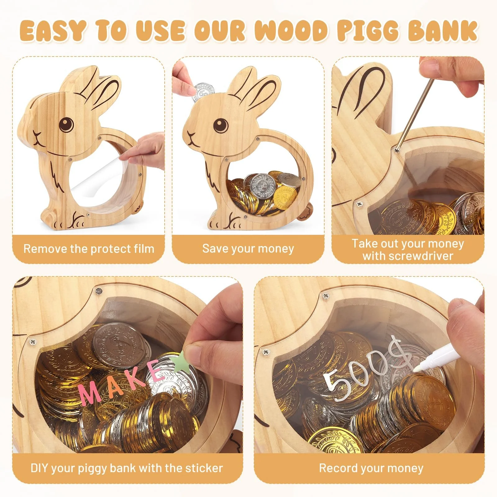 Скарбничка Дерев'яна Кролик з наклейками Персоналізована, фото №3