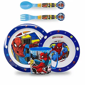 Набор детской посуды Sorrisini Spiderman (Тарелка, миска, чашка 350 мл, детские столовые приборы) - Фото 1