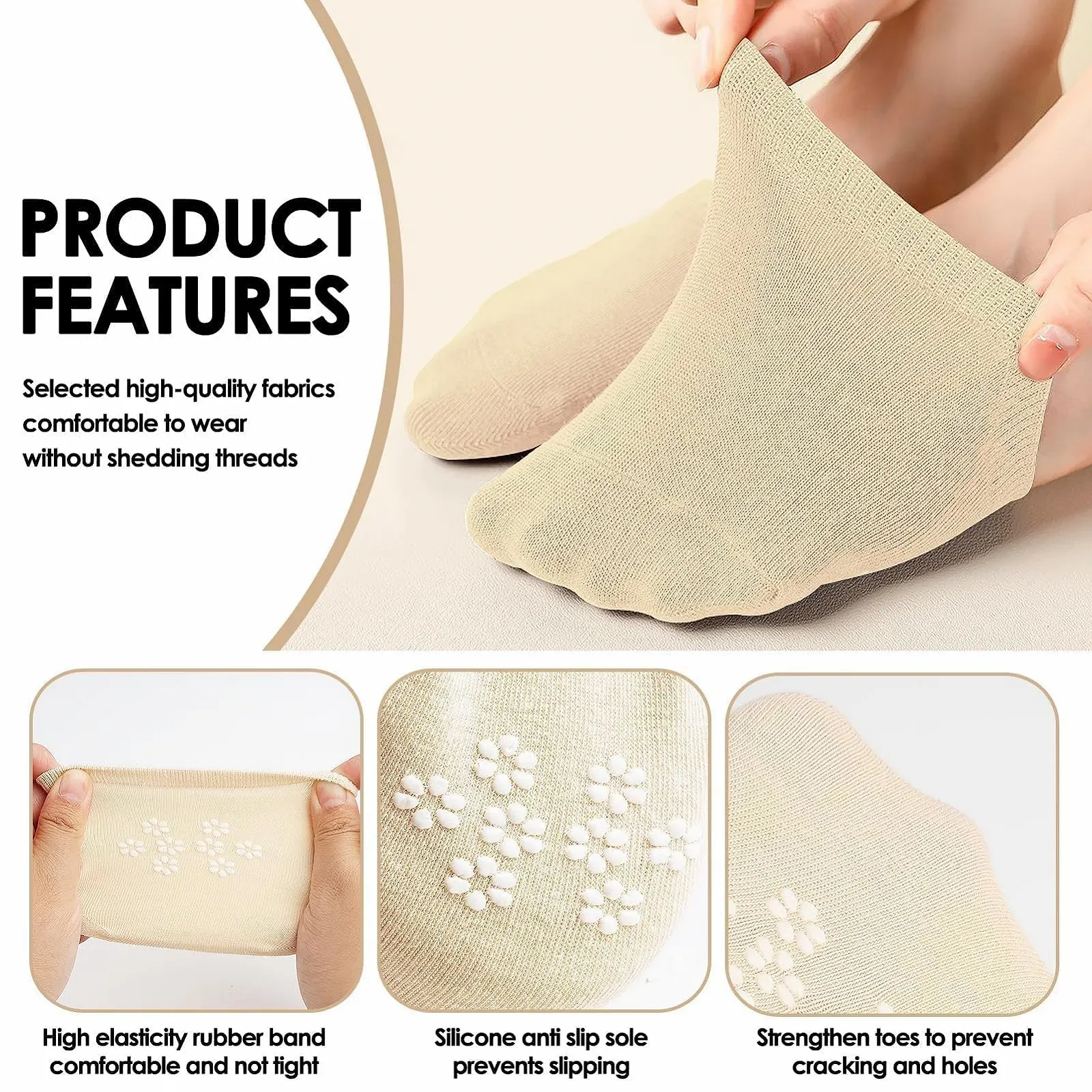 Носки для пальцев женские 4 пары, Накладки на пальцы ног, Нескользящие носки на переднюю часть стопы, Дышащие невидимые полуноски, для высоких каблуков и балеток, Дышащие и удобные, Телесный цвет, фото №3