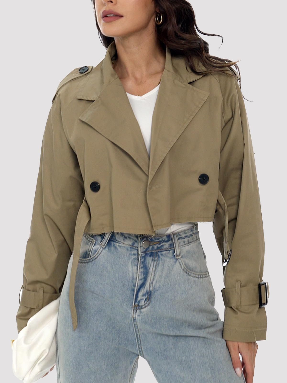 Тренч PAODIKUAI Жіночий Двобортний Укорочений Класичний з Лацканами та Регульованим Поясом, фото №3