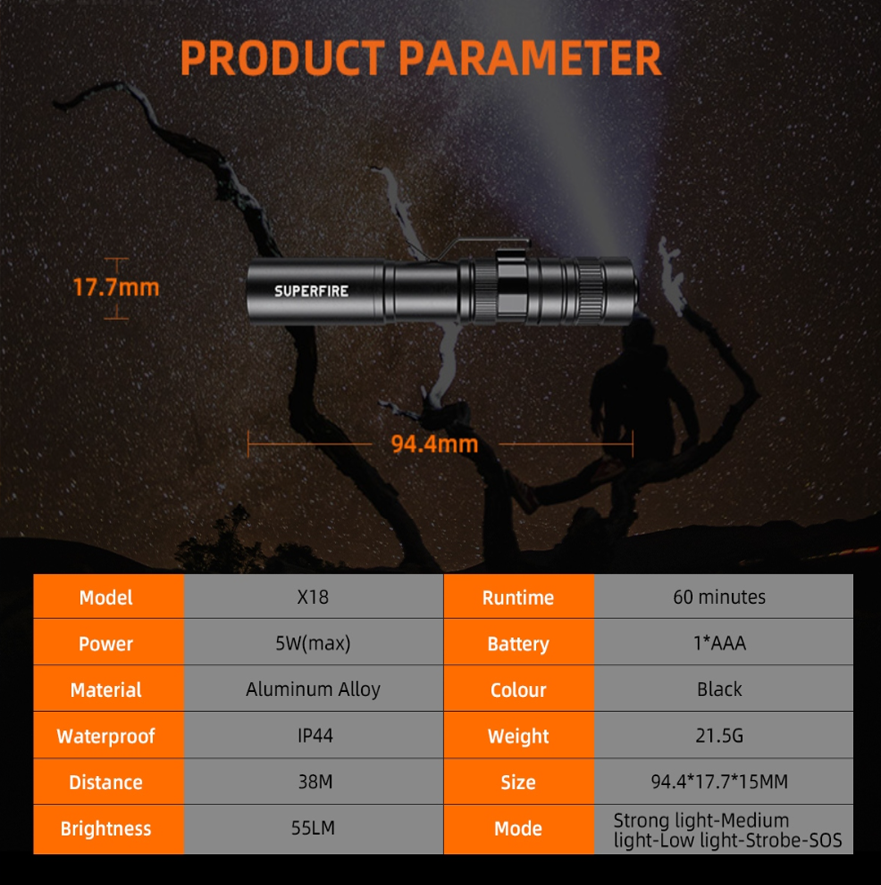 Фонарь мини карманный компактный водонепроницаемый X18 SuperFire, фото №6 Фонарь мини карманный компактный водонепроницаемый X18 SuperFire, фото №6