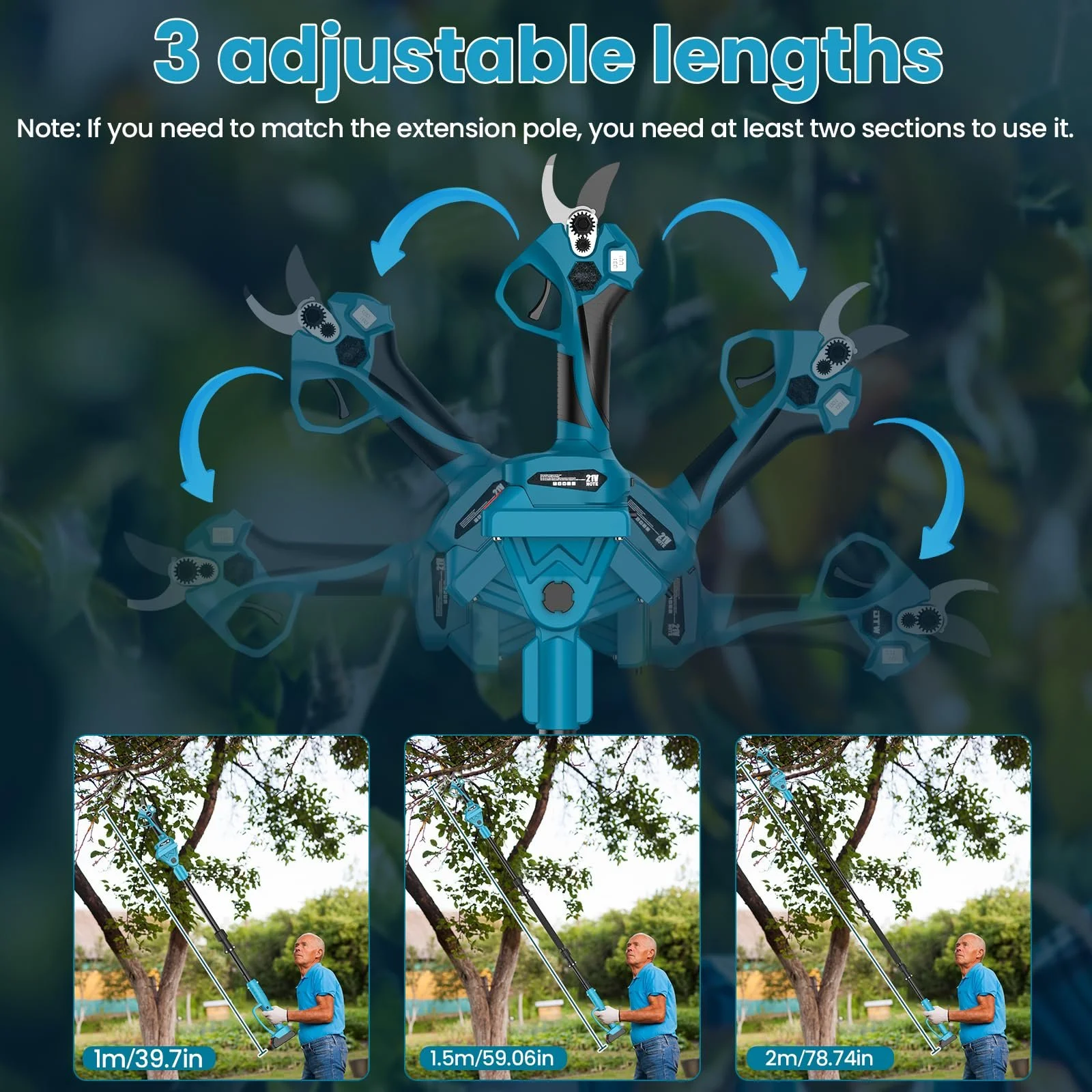 Акумуляторний електричний секатор телескопічна штанга 2 м 40 мм 2 акумулятори, фото №3