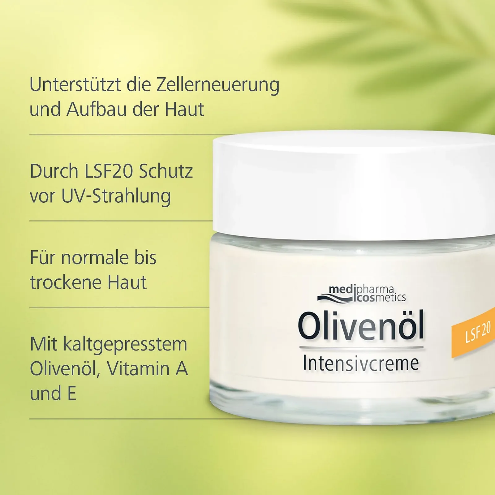 Денний крем medipharma cosmetics Olive Oil Intensive Cream SPF 20 інтенсивний з оливковою олією та вітамінами А та Е 50 мл, фото №3 Денний крем medipharma cosmetics Olive Oil Intensive Cream SPF 20 інтенсивний з оливковою олією та вітамінами А та Е 50 мл, фото №3