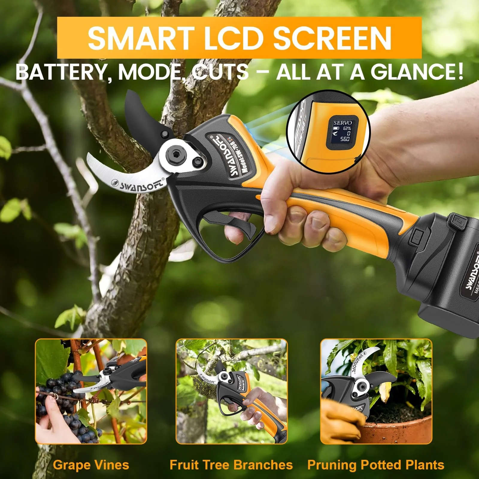 Секатор акумуляторний SWANSOFT 40 мм 21 В 1050 Вт з 2 акумуляторами 4 А·год, безщітковим двигуном, РК-дисплеєм і подовжувальним кабелем 1,2 м, жовтий, фото №2