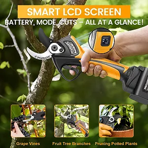 Секатор акумуляторний SWANSOFT 40 мм 21 В 1050 Вт з 2 акумуляторами 4 А·год, безщітковим двигуном, РК-дисплеєм і подовжувальним кабелем 1,2 м, жовтий synthetic.ua - Фото 1