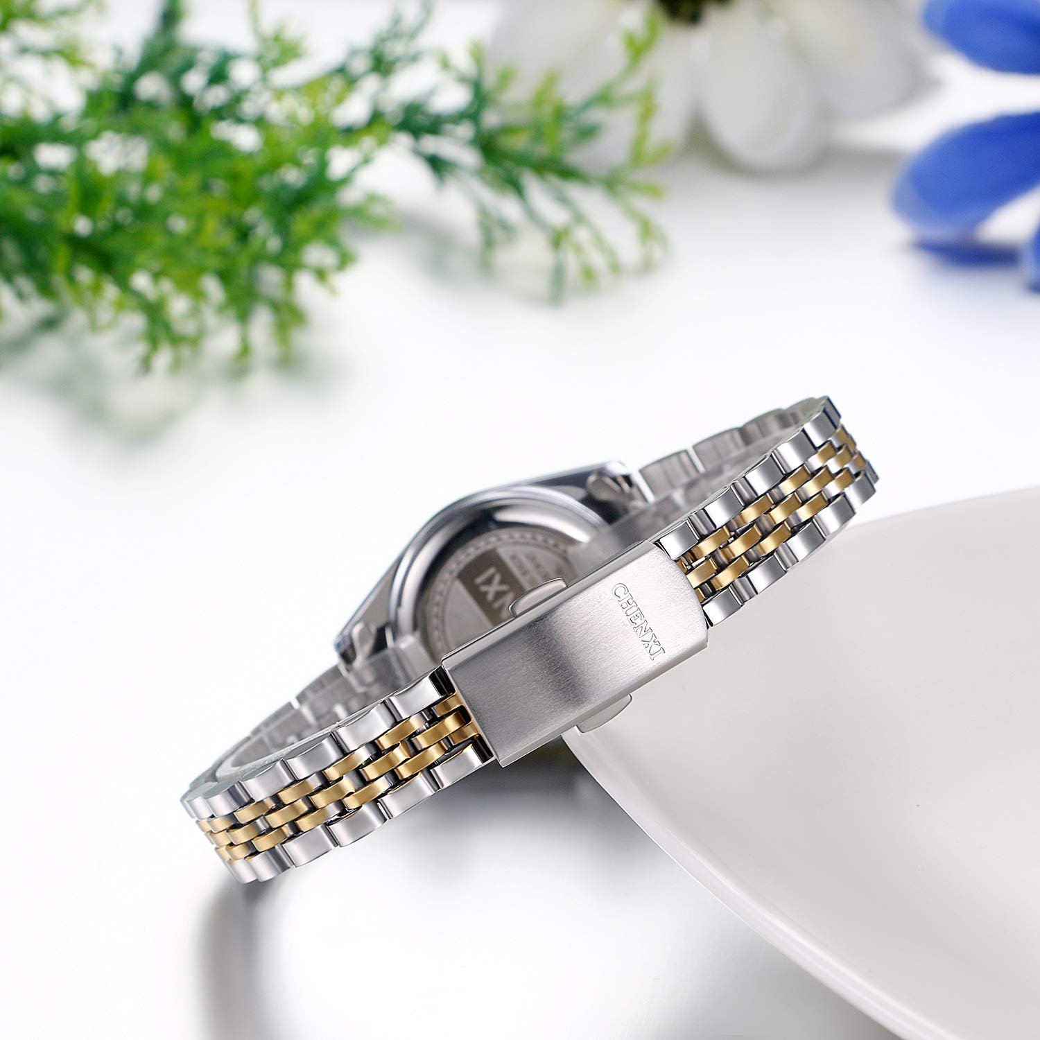 Парные часы Кварцевые аналоговые с календарем JewelryWe Водонепроницаемые 30 м с браслетом из нержавеющей стали с циферблатом из Rhinestone, фото №4