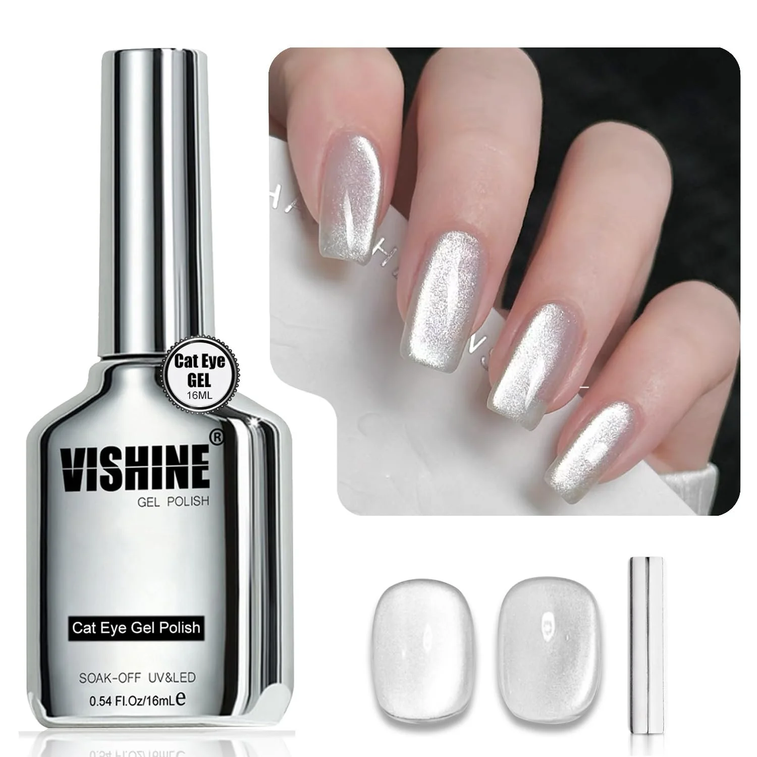 Гель-лак Vishine Котяче око 16 мл Магнітний голографічний гліттер УФ-гель Срібний пил (H003), фото №1