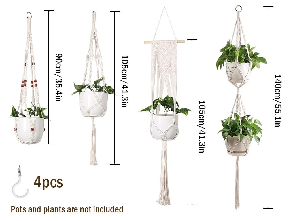 Підвісний кошик для квітів набір 4 шт бавовняна мотузка для дому та саду, фото №2