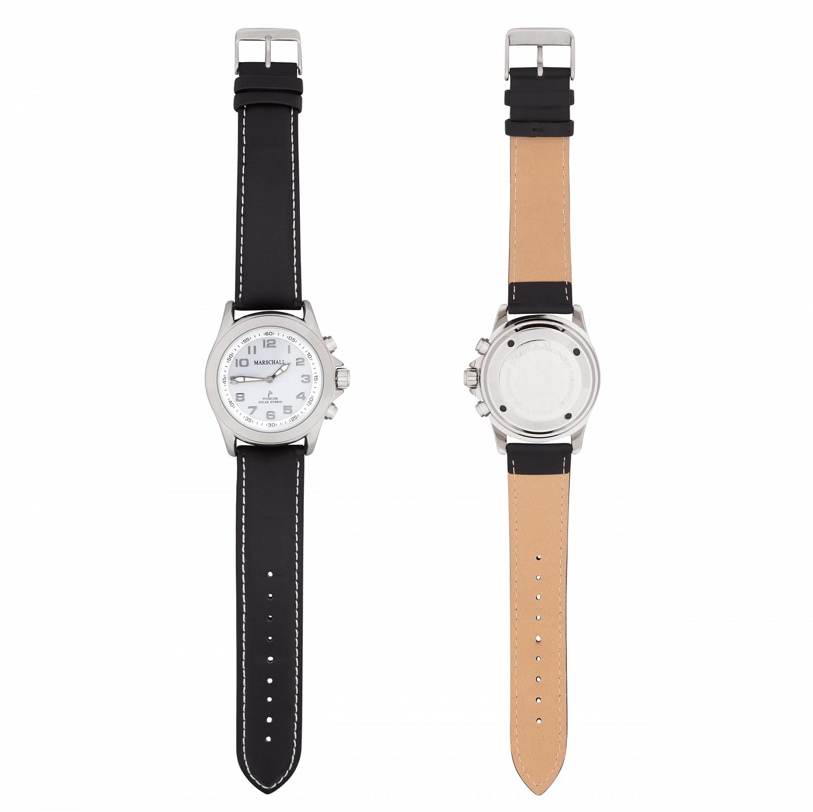 Говорящие наручные радиочасы Marschall German 1146wl с солнечной панелью для слепых, пожилых людей и людей с деменцией черный кожаный ремешок, фото №3