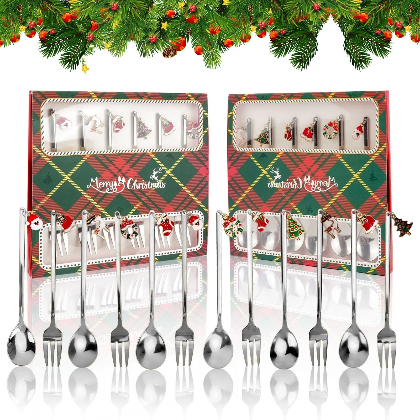 Набір Різдвяних Ложок і Виделок для Торта (12 шт), фото №9