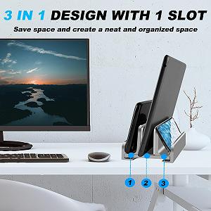 Вертикальный держатель для ноутбука Sander, 3-в-1, регулируемая подставка для ноутбука, органайзер для стола, из алюминия, совместим с MacBook Pro Air, планшетами, смартфонами synthetic.ua - Фото 1