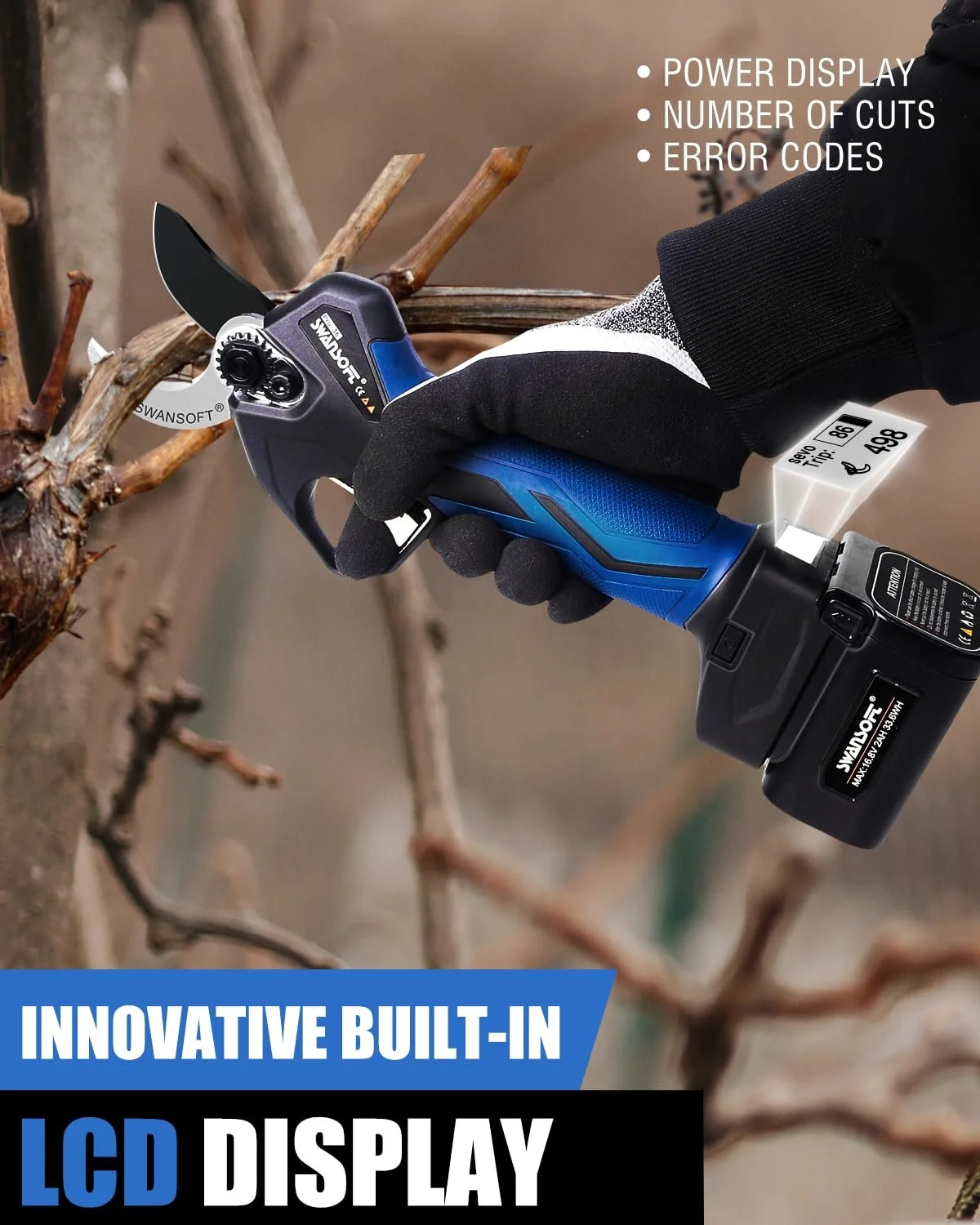 Секатор акумуляторний SWANSOFT PRU36 36 мм 16.8 В 900 Вт 4 Аг + 2 Аг, фото №5