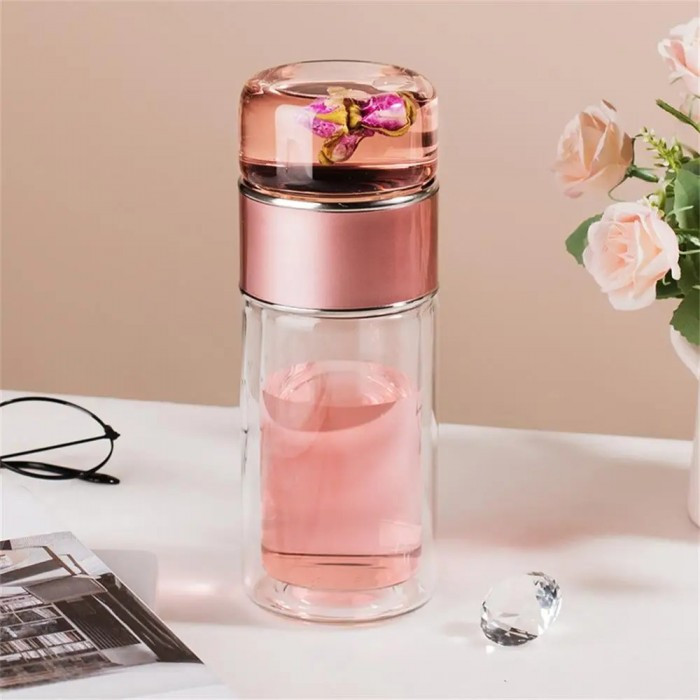 Стеклянный термос с двойными стенками для чая Infuser 280 мл розовый, фото №5