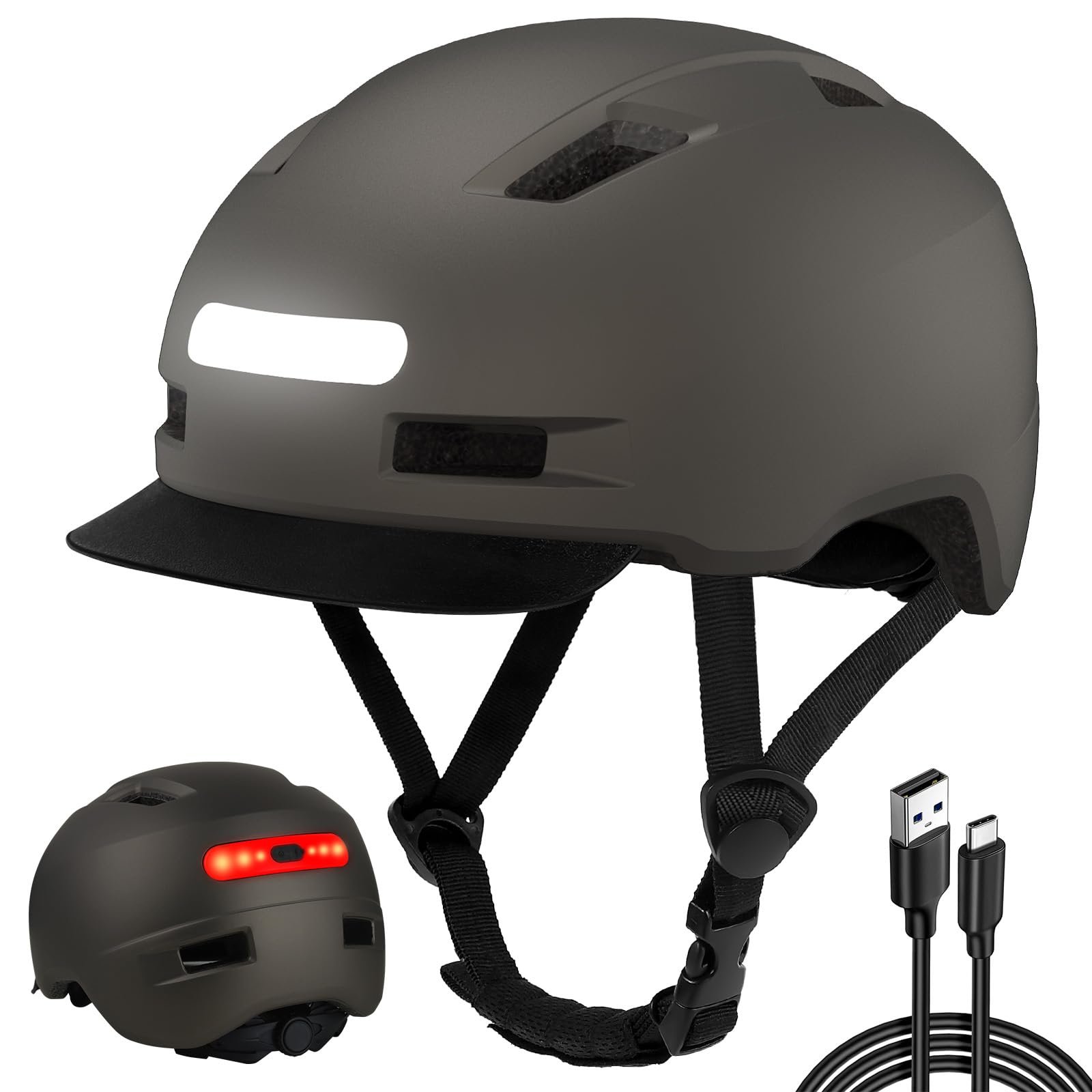 Шлем Shinmax велосипедный, с USB подсветкой, 5 режимов, с козырьком, фото №1
