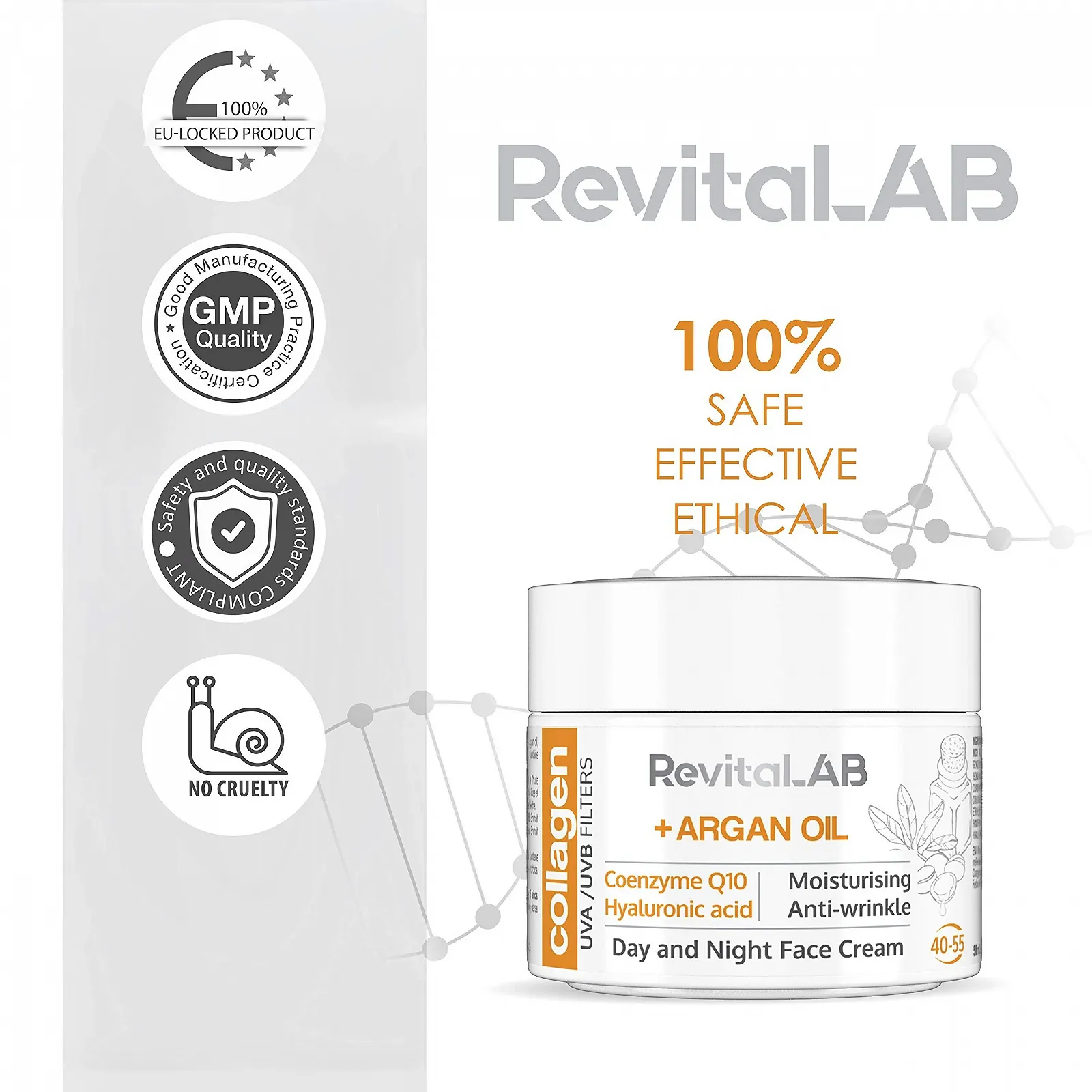 Крем дневной и ночной RevitaLAB Anti-Ageing с коллагеном, гиалуроновой кислотой, Q10 и аргановым маслом 50 мл, фото №5 Крем дневной и ночной RevitaLAB Anti-Ageing с коллагеном, гиалуроновой кислотой, Q10 и аргановым маслом 50 мл, фото №5