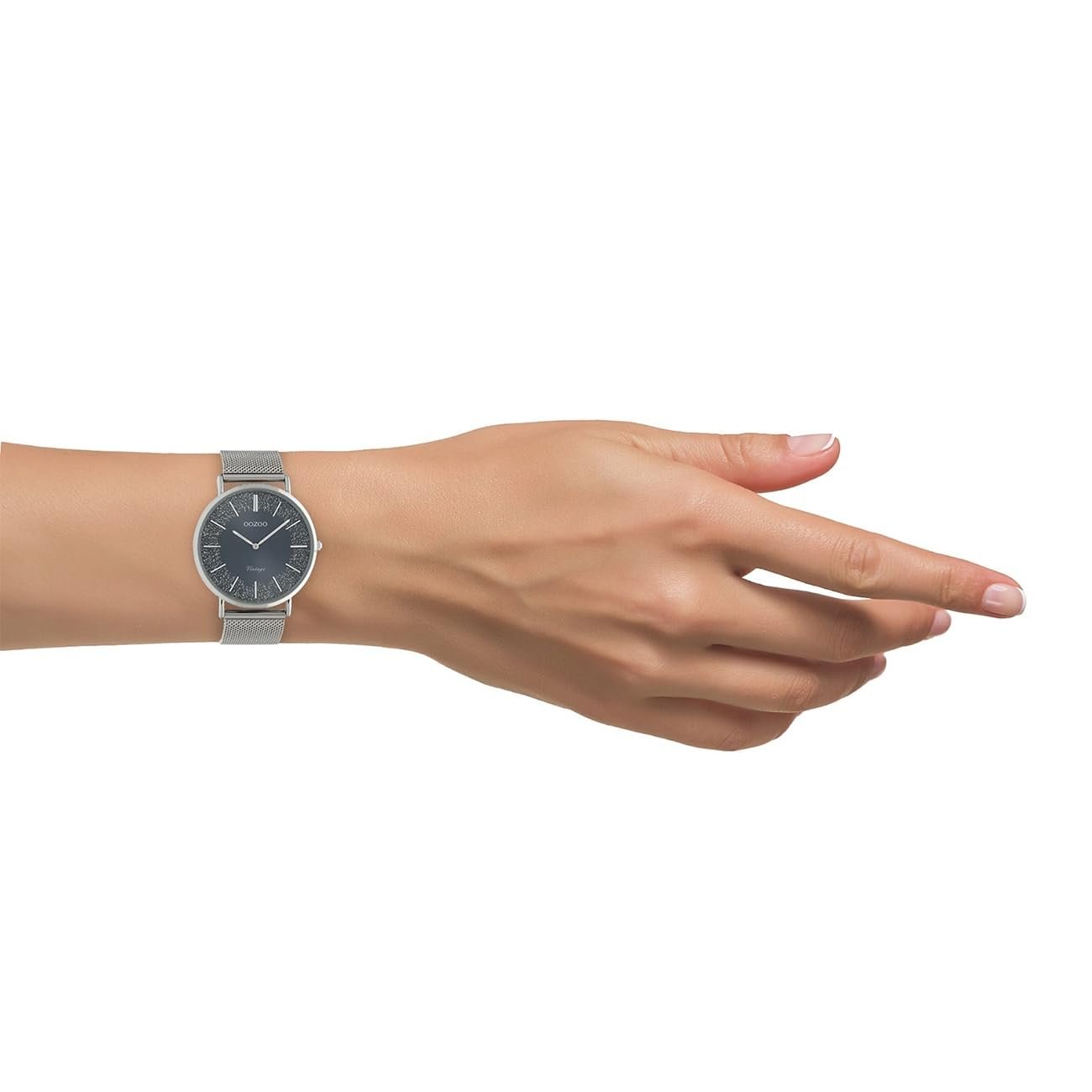 Вінтажний Плоский Жіночий Годинник Oozoo з Міланським Металевим Ремінцем з Нержавіючої Сталі, Блискуча Лінія з Блискучими Елементами на Циферблаті 40 мм, фото №4