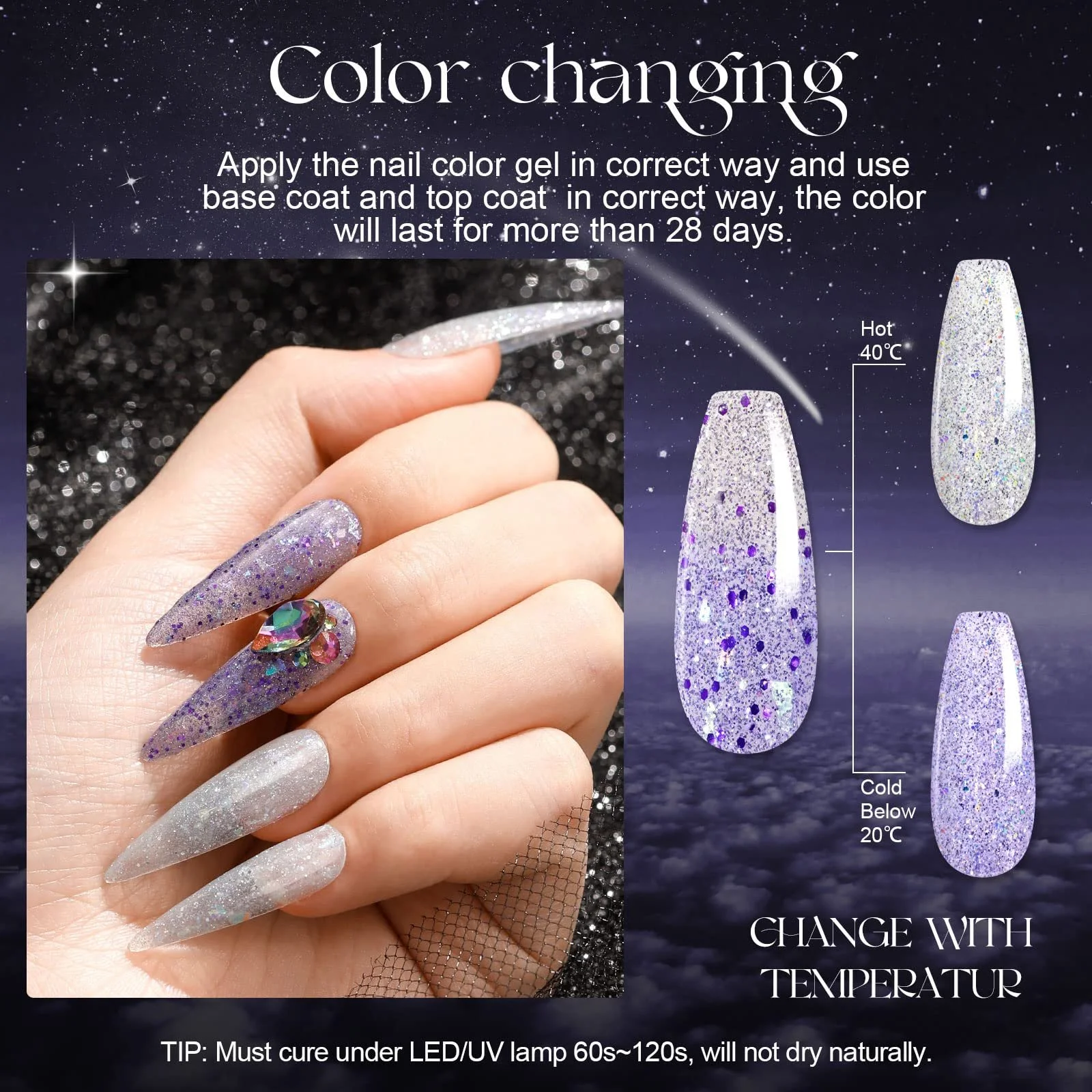 Гель-лак ROSALIND Glitter, набір з 6 міні термо гель-лаків для нігтів, фото №3