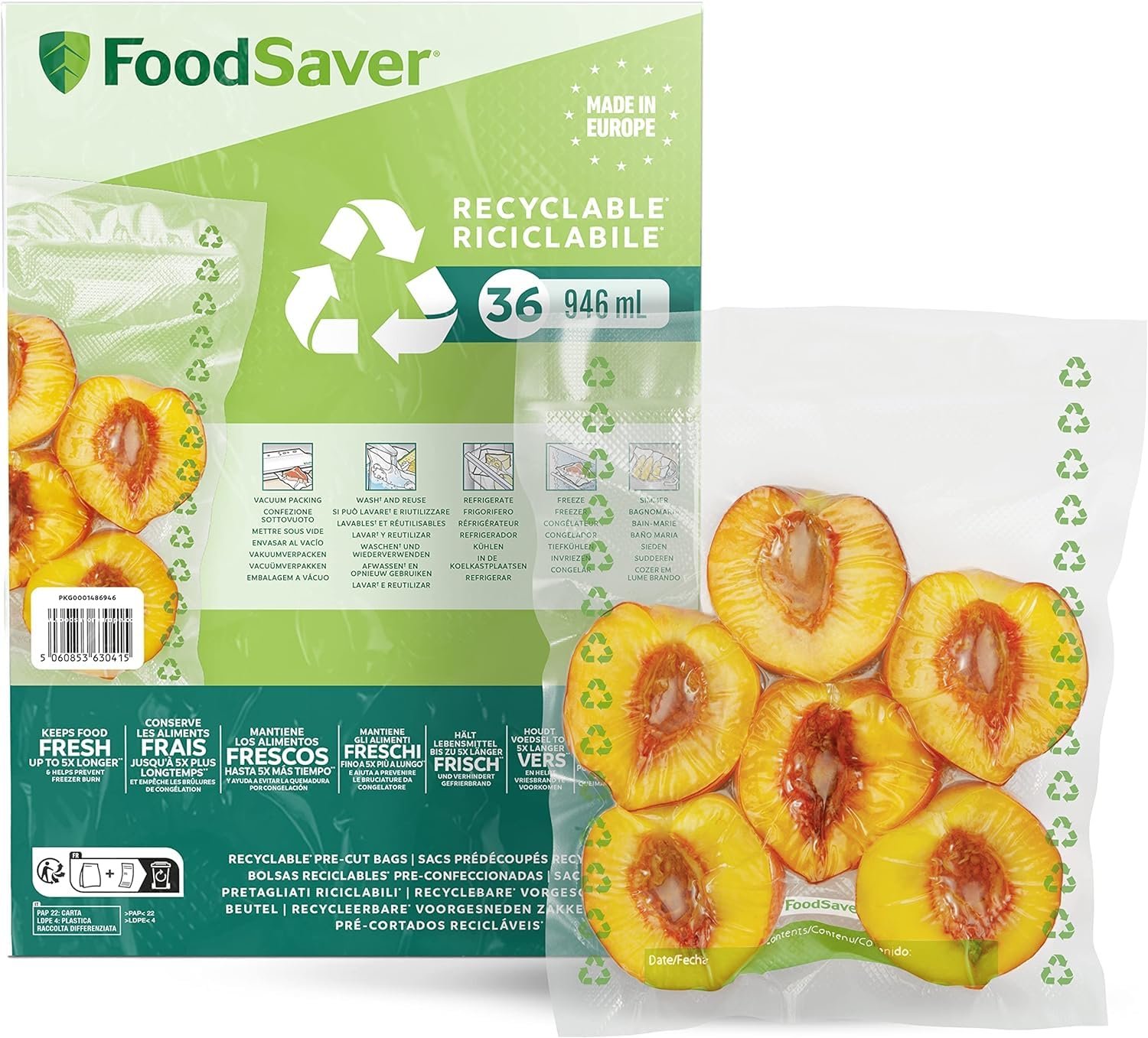 Вакуумний пакувальник Foodsaver з інтегрованим сховищем рулонів, вакуумний пакувальник з ріжучим пристроєм і режимом делікатних продуктів, містить асортимент вакуумних пакетів + пластикові пакети, що переробляються, фото №1