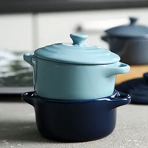 Керамическая миска VALICLUD огнеупорная с двойными ручками и крышкой для микроволновой печи Озерный голубой synthetic.ua - Фото 1