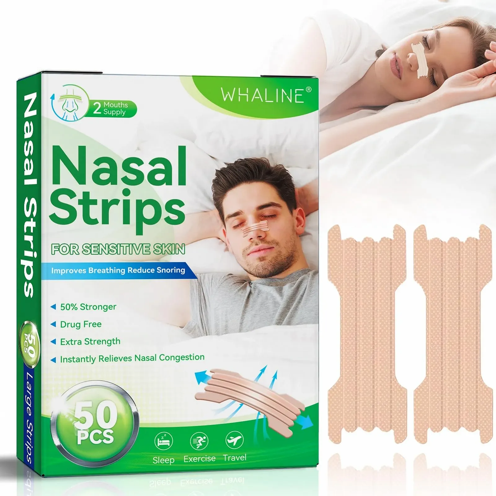 Пластыри для носа Whaline, 50 шт. Большие пластыри для носа от храпа для сна, для лучшего дыхания., фото №1