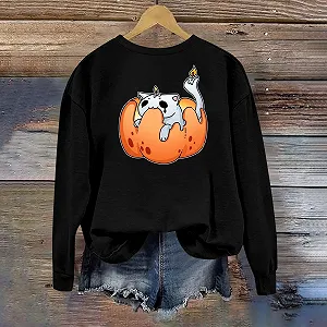 Хэллоуин 2025, мультяшная графика, кофта для девочек, с длинными рукавами и круглым вырезом, свитер со спущенными плечами, милые пуловеры, топы, футболка, спортивные костюмы для женщин synthetic.ua - Фото 1