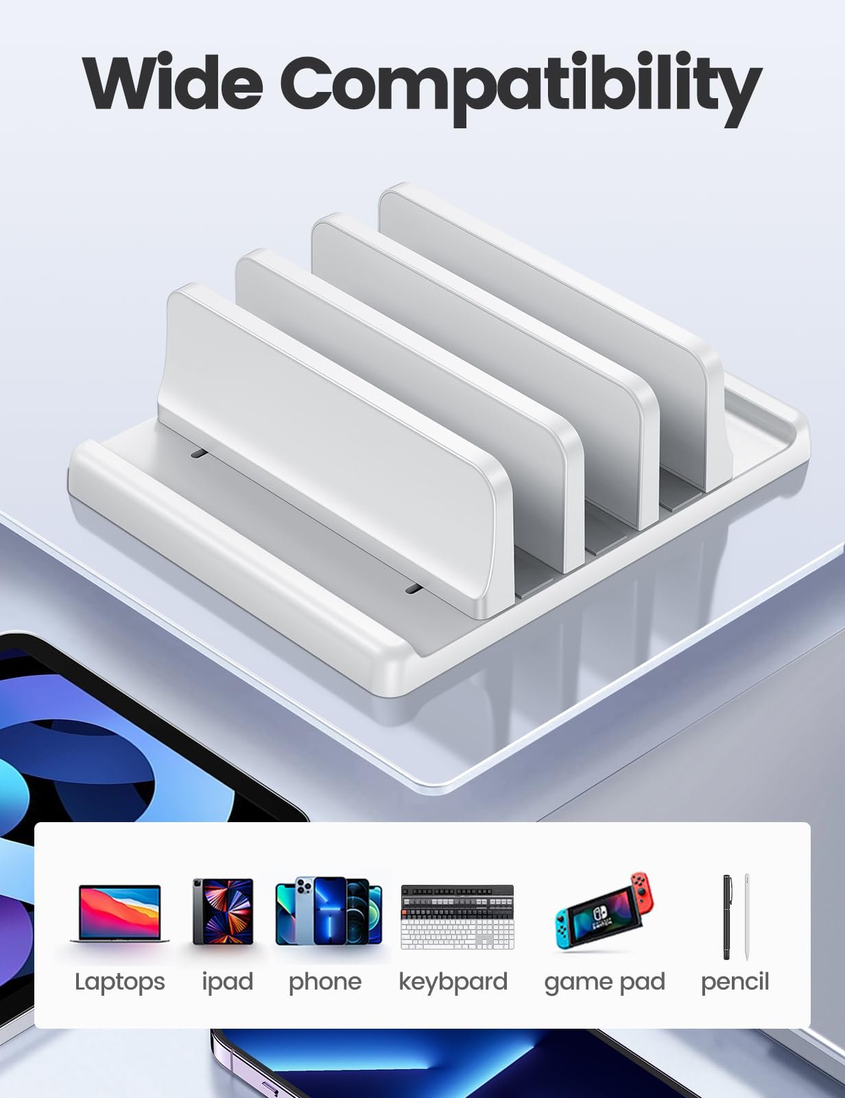 Подставка для ноутбука Vaydeer вертикальная с 3 слотами ABS-пластик белая, фото №5