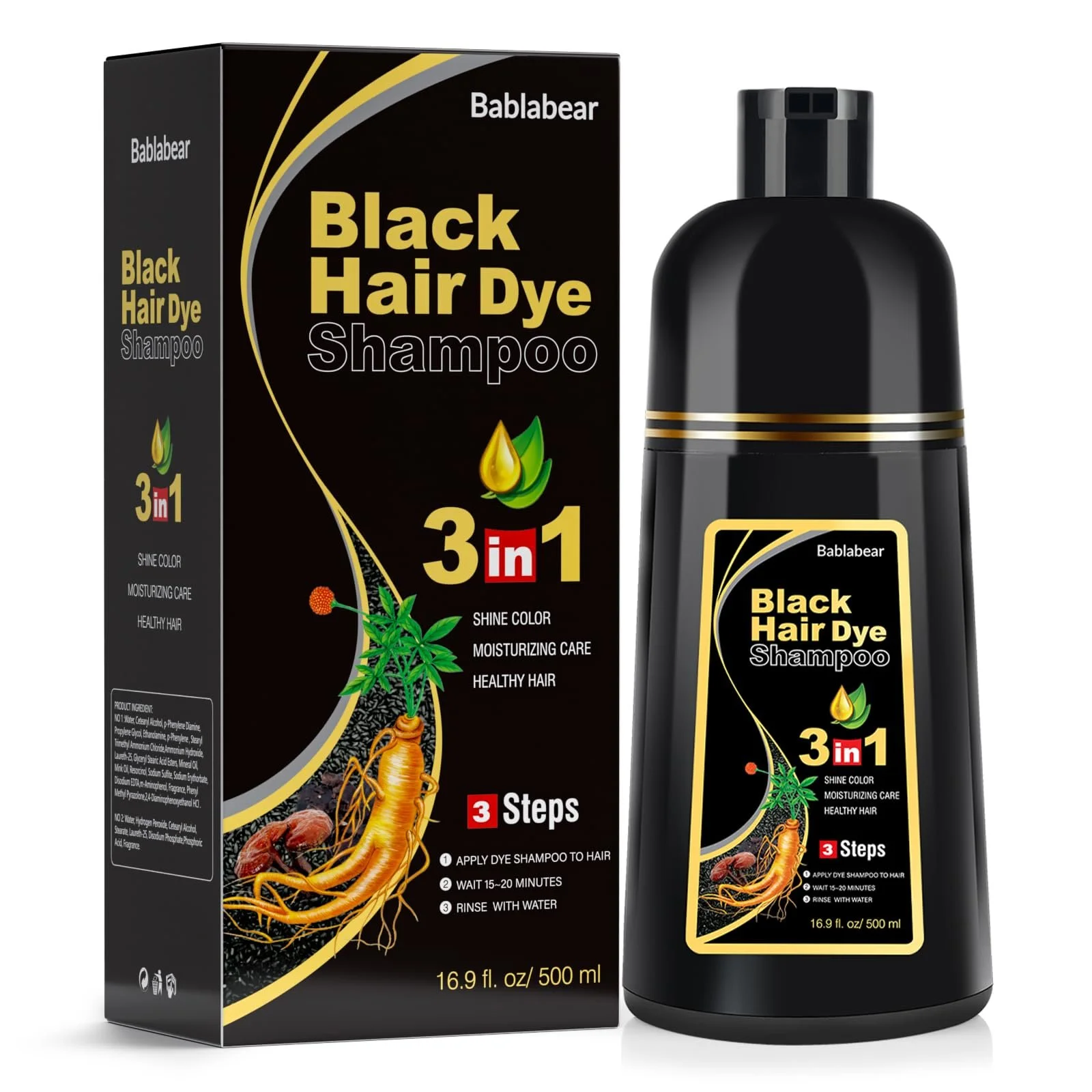 Шампунь для окрашивания волос Bablabear Black, для мужчин и женщин, для седых волос, 3 в 1, для сухих волос, 500 мл, фото №1