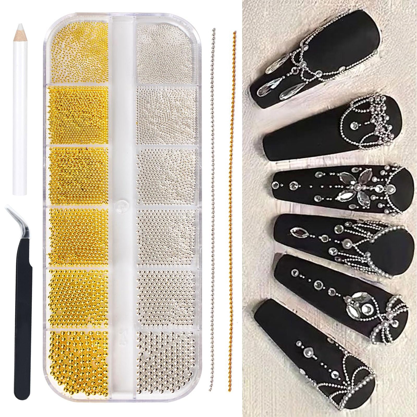 Икра для ногтей, Золотые подвески для ногтей, Икра для ногтей, 2 цепочки для ногтей для DIY Nail Art, Украшения для ногтей, Бусины для ногтей для аксессуаров для ногтей с пинцетом для ногтей, фото №1