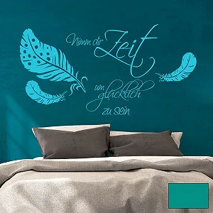 Наклейка на стіну M1758 Цитата "Nimm dir Zeit um glücklich zu sein" з пір'ям 80 x 48 см Бірюзова - Фото 1