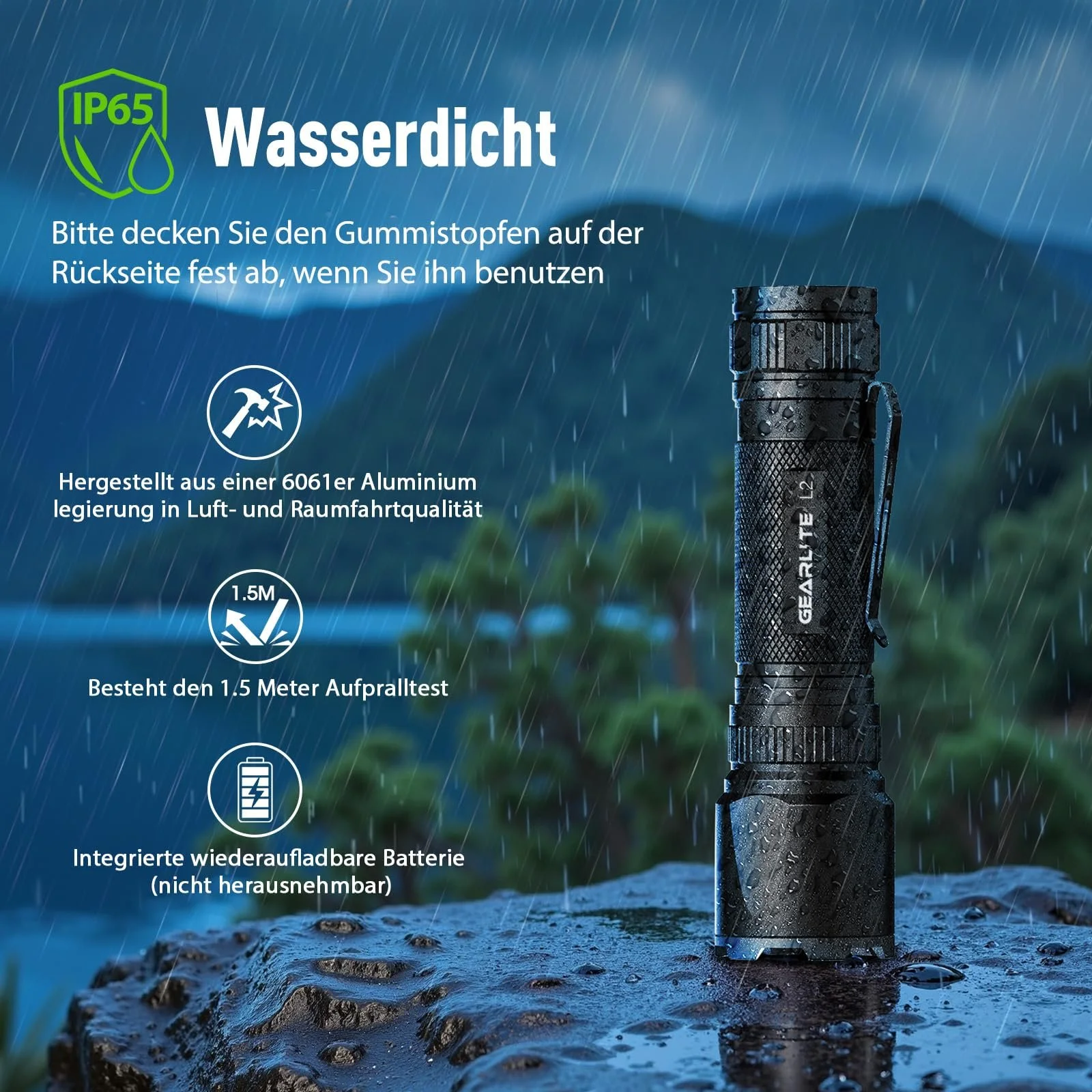 GEARLITE LED Перезаряджуваний ліхтар, надяскравий зумований мініліхтар 3000 люмен з 3 режимами освітлення та тривалим часом роботи, IP65 водонепроникний, фото №6