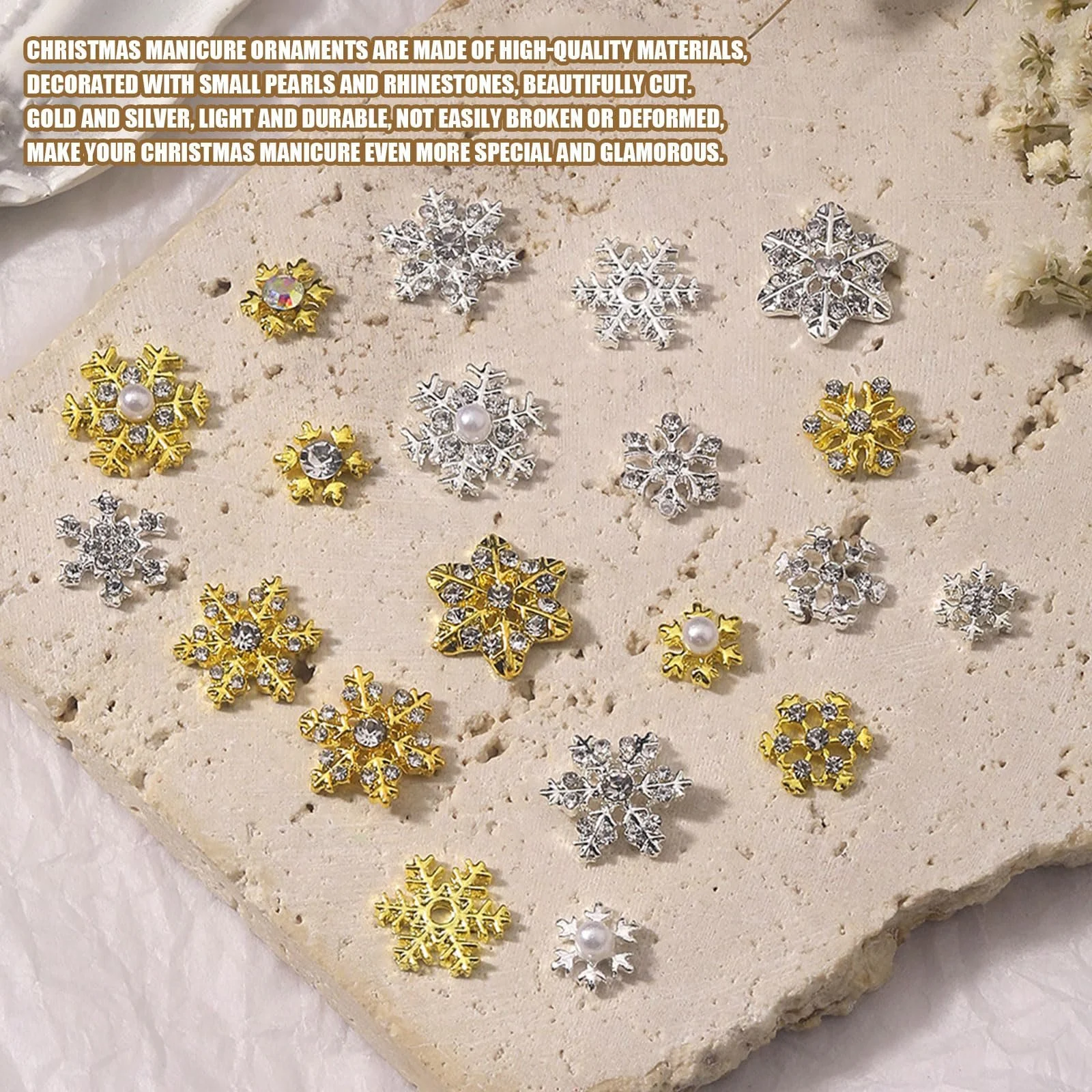 Прикрасы для ногтей Снежинки Рождественские, 60 шт., бисер Стразы Снежинки, Металл Золото Серебро Украшения для ногтей Аксессуары для маникюра для женщин и девушек, фото №3