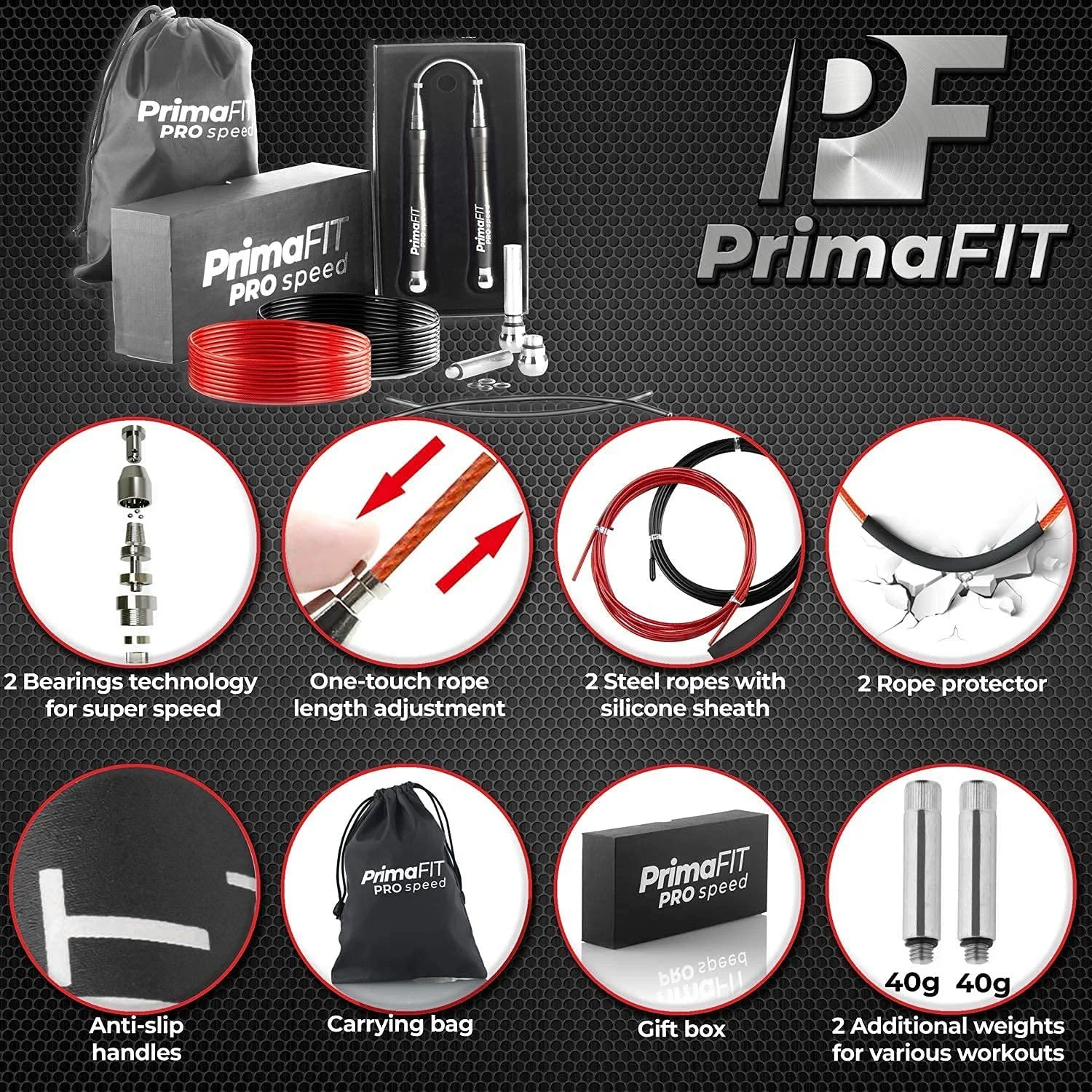 Скакалка швидкісна PrimaFIT Pro 3 м Регульована з обтяжувачами та сталевим тросом, фото №2