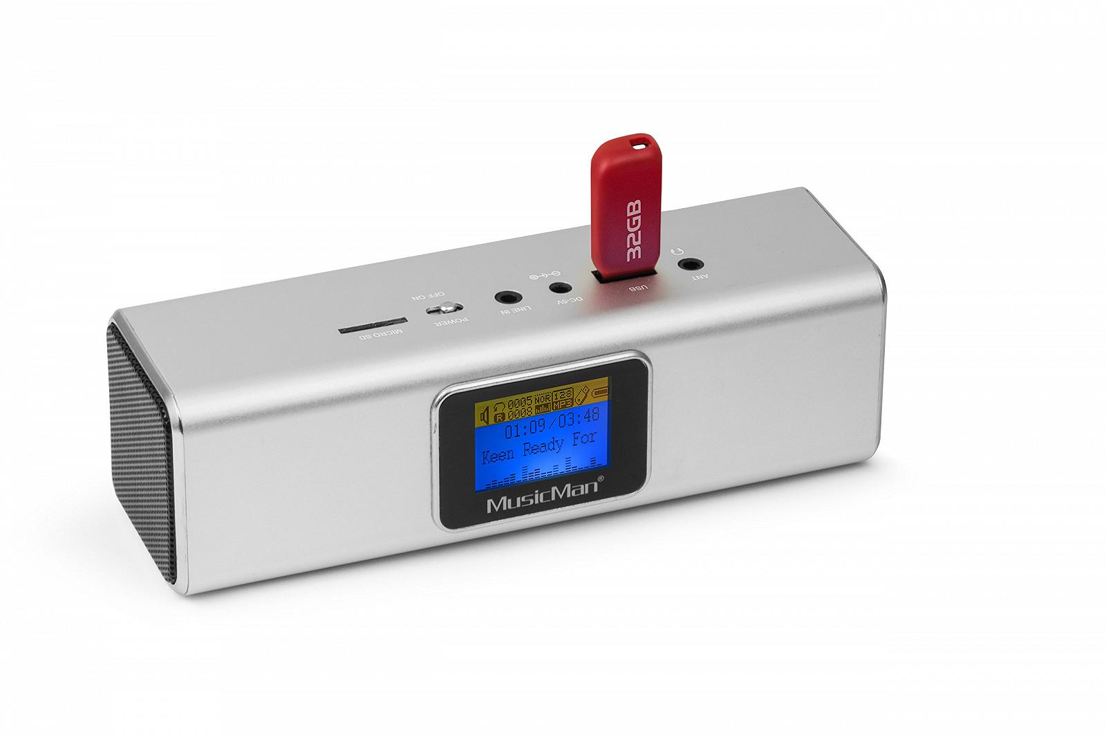 Портативна Bluetooth/DAB стереоколонка MusicMan BT 29 з вбудованою акумуляторною батареєю та LCD дисплеєм (MP3 плеєр, радіо, слот для microSD карти, USB) Сріблястий, фото №2