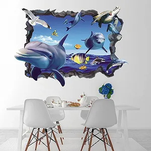 Наклейка на стіну 3D False Window Sea Self-Adhesive Underwater World Dolphin Fish Turtle Seaweed 40 x 57 см synthetic.ua - Фото 1