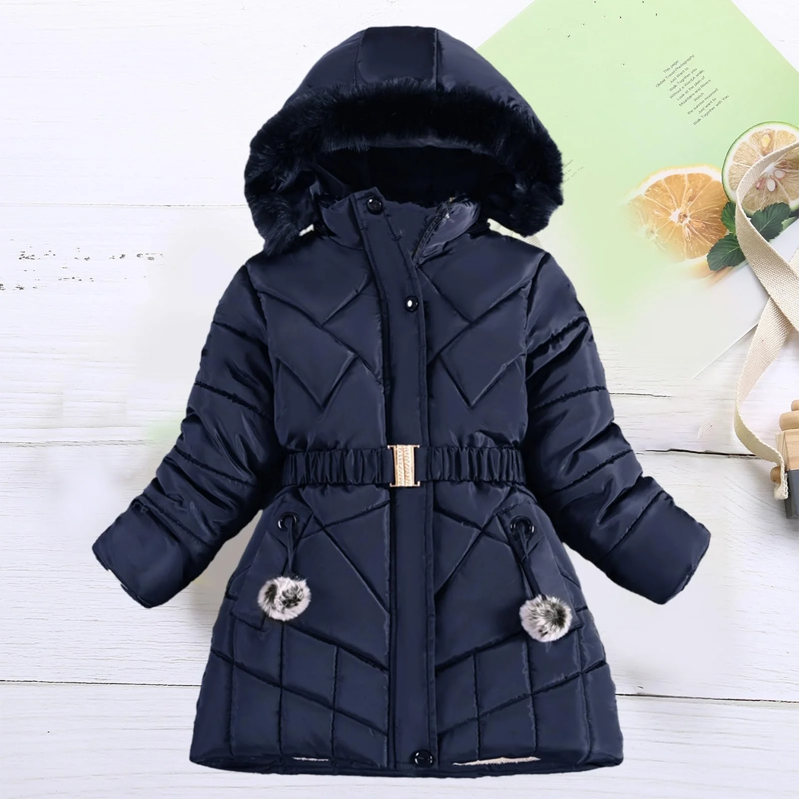 Унисекс детская зимняя куртка Quilted, ветрозащитная, теплая зимняя куртка с меховым капюшоном, хлопковая куртка, классическая куртка с капюшоном, зимняя парка средней длины с поясом, фото №6