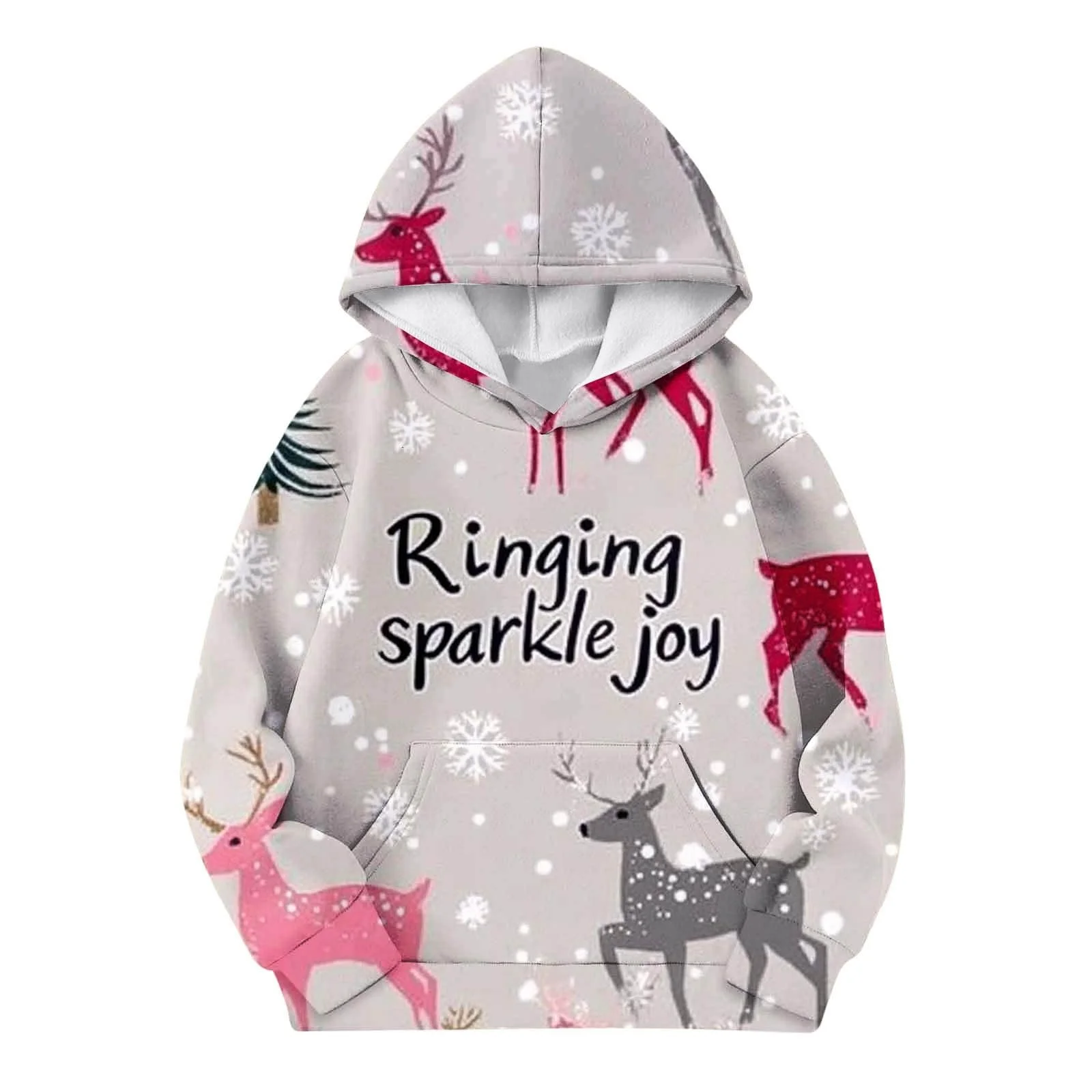 Детский рождественский пуловер с капюшоном, свитшот с длинными рукавами, рождественский принт, милый пуловер, одежда для девочек, фото №2