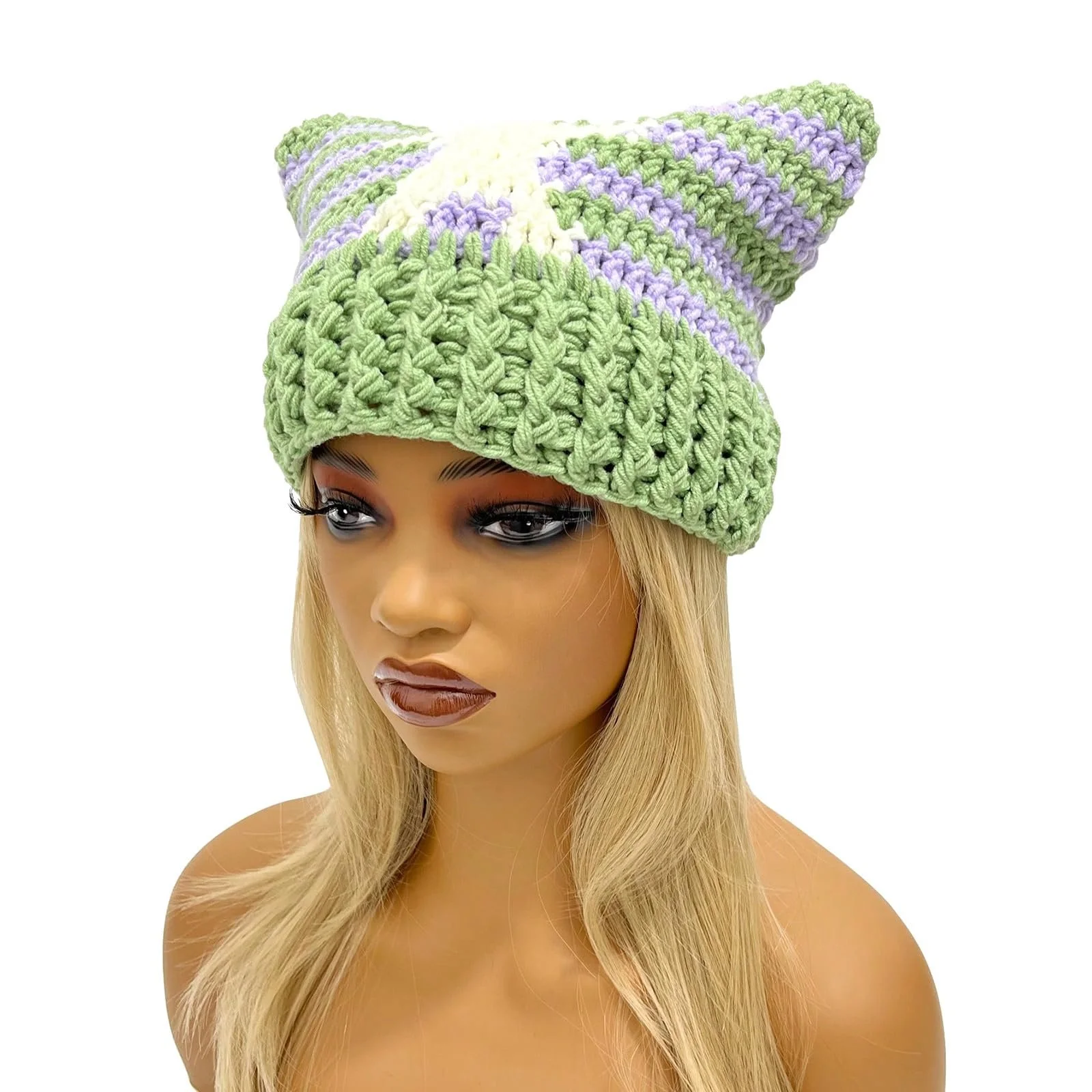 Шапка в смужку з зіркою Ldabrye для дівчат Y2K з вушками та помпоном, фото №4