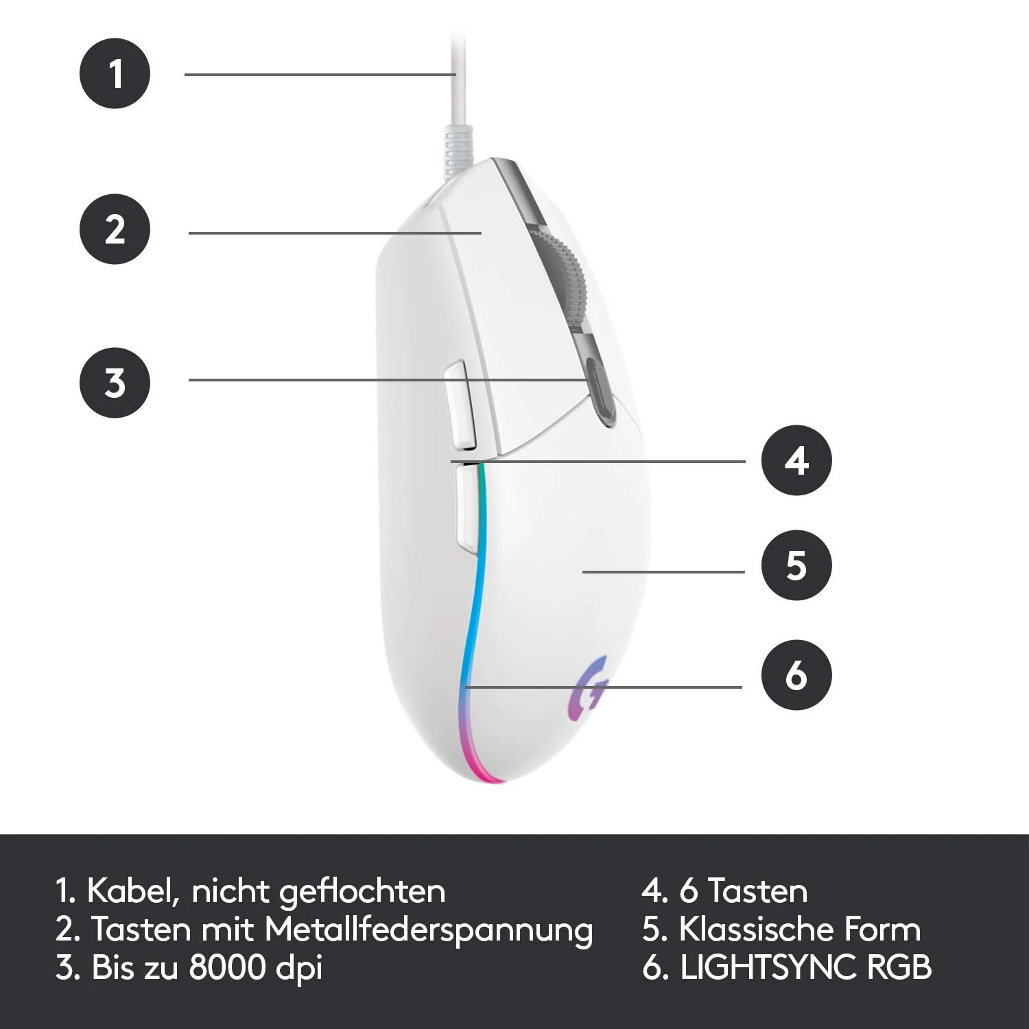 Миша Ігрова Logitech G203 LIGHTSYNC RGB 8000 dpi Білий, фото №6 Миша Ігрова Logitech G203 LIGHTSYNC RGB 8000 dpi Білий, фото №6