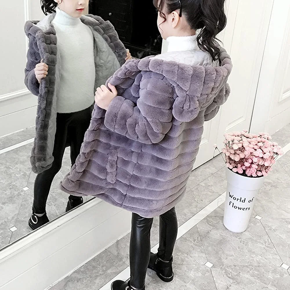 Искусственная шуба для девочек Aeslech с капюшоном Теплая зимняя куртка для девочек, фото №2