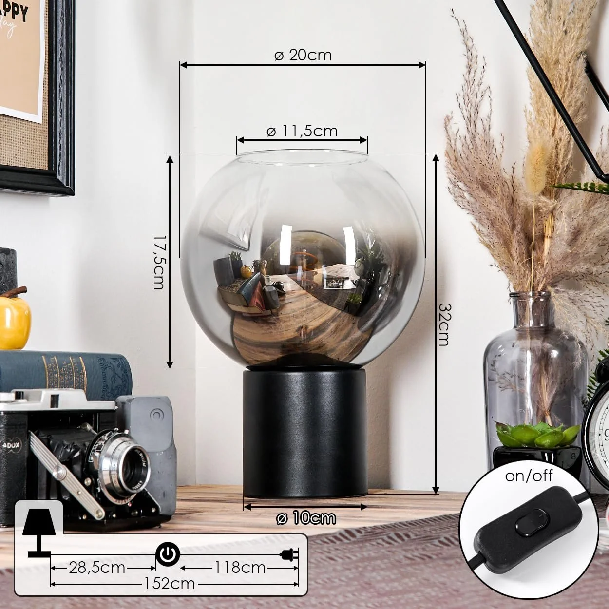 Настільна лампа HOFSTEIN Koyoto метал/скло Ø 20 см E27 Чорний/Димчастий/Прозорий, фото №4