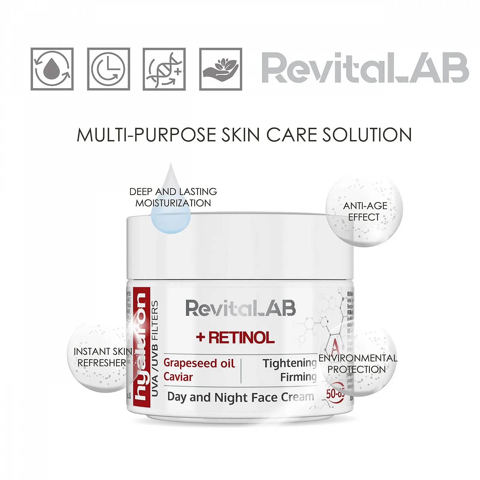 Денний та нічний крем RevitaLAB Hyaluron Anti-Ageing з Retinol, ікрою та червоним виноградом для віку 50–65 років 50 мл (2 шт. в упаковці), фото №3 Денний та нічний крем RevitaLAB Hyaluron Anti-Ageing з Retinol, ікрою та червоним виноградом для віку 50–65 років 50 мл (2 шт. в упаковці), фото №3