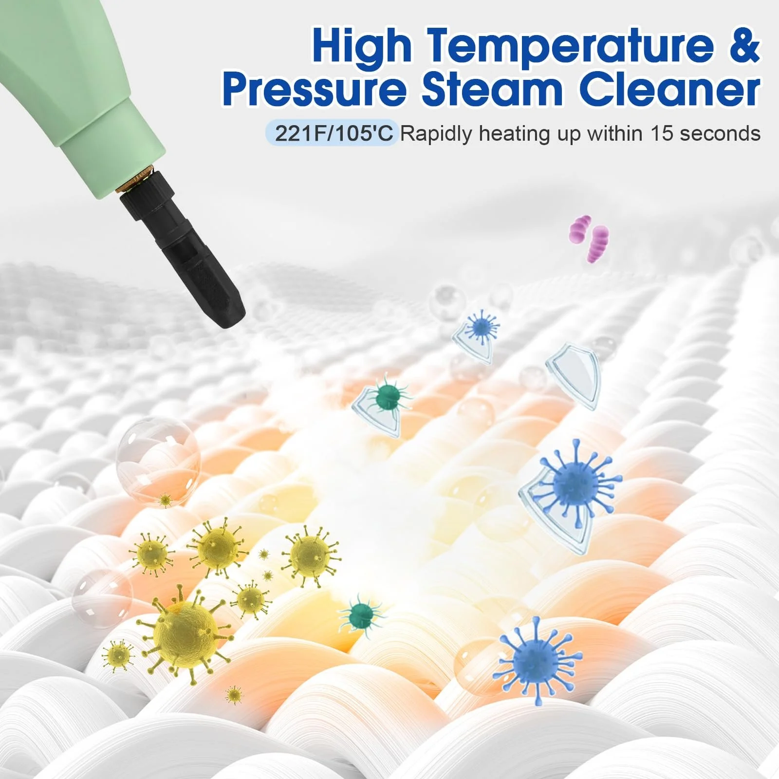 Пароочисник портативний 2500 Вт 1100 мл з 3 насадками-щітками Зелений, фото №7