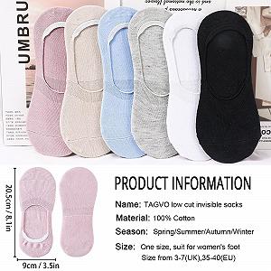 Носки Женские Невидимые Хлопковые Низкие Носки-следки с Нескользящим Силиконом Дышащие Повседневные Носки для Кроссовок и Мокасин, 6 пар synthetic.ua - Фото 1