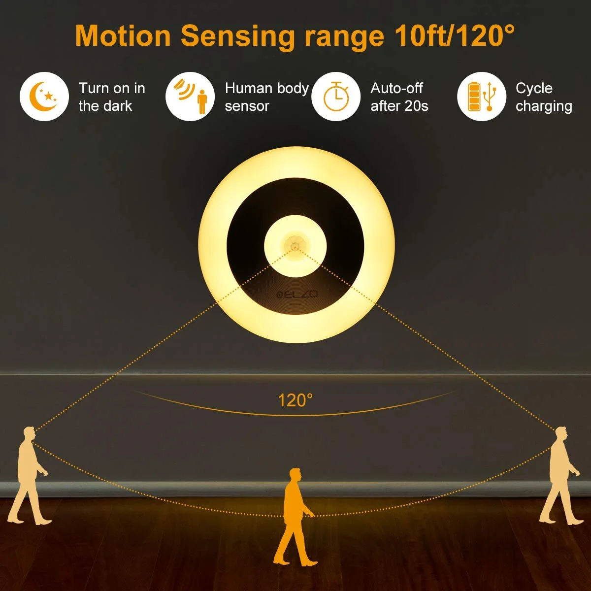 Нічний світильник з датчиком руху ELZO акумуляторний бездротовий світлодіодний з гачком та магнітом теплий білий, фото №5