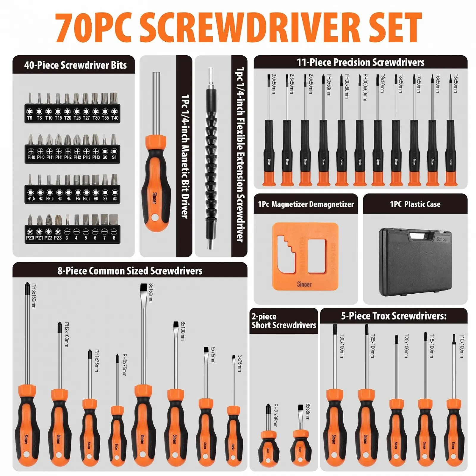 Набір магнітних викруток Sinoer 70 одиниць, з кейсом, біти CR-V, фото №6
