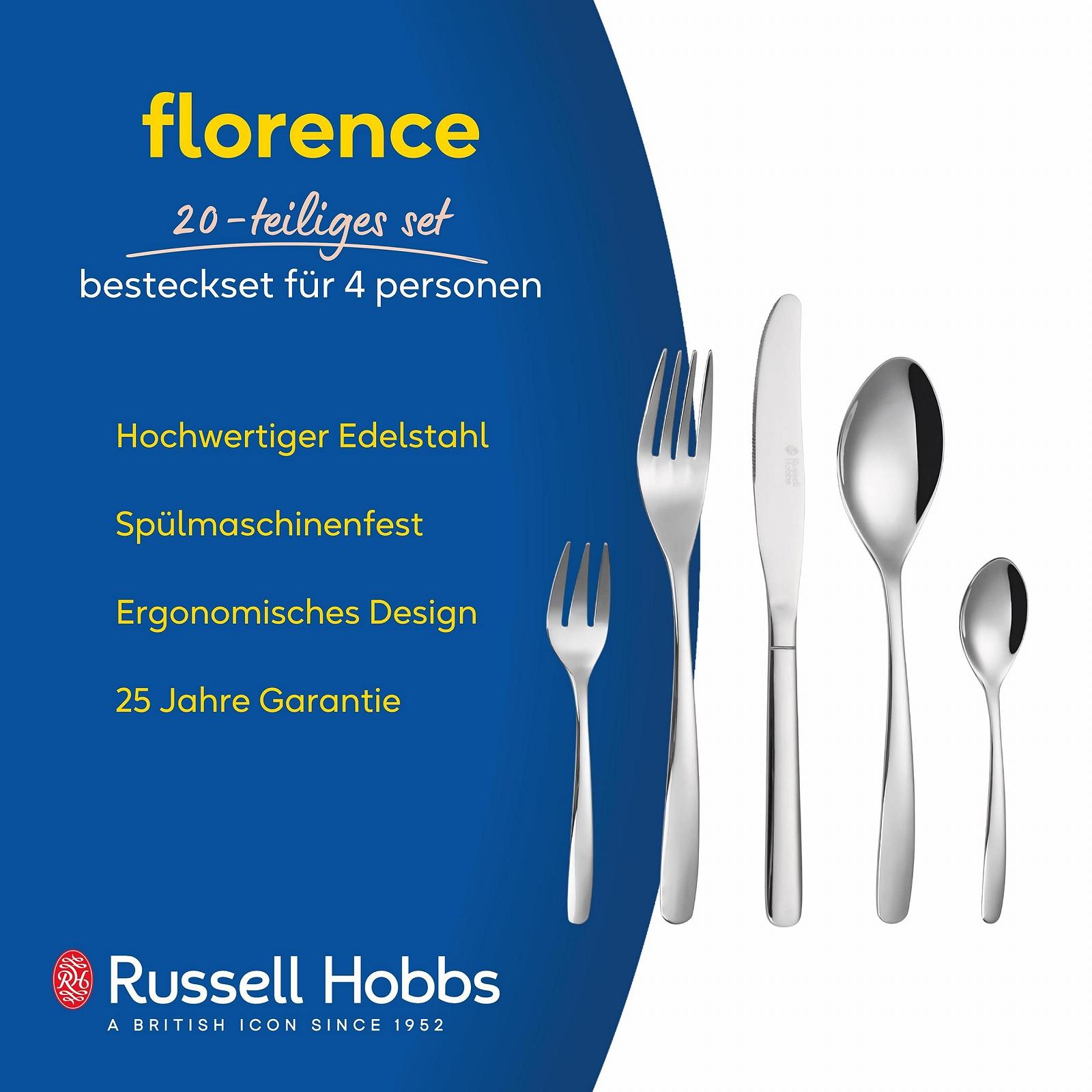 Набор столовых приборов Russell Hobbs Florence на 4 персоны, 20 предметов: нож, вилка, кондитерская вилка, десертная ложка, чайная ложка, нержавеющая сталь 18/0, фото №2
