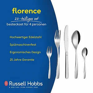Набір столових приборів Russell Hobbs Florence для 4 осіб, 20 предметів: ніж, виделка, кондитерська виделка, десертна ложка, чайна ложка, нержавіюча сталь 18/0 ціна на synthetic.ua - Фото 1 Набір столових приборів Russell Hobbs Florence для 4 осіб, 20 предметів: ніж, виделка, кондитерська виделка, десертна ложка, чайна ложка, нержавіюча сталь 18/0 synthetic.ua - Фото 1