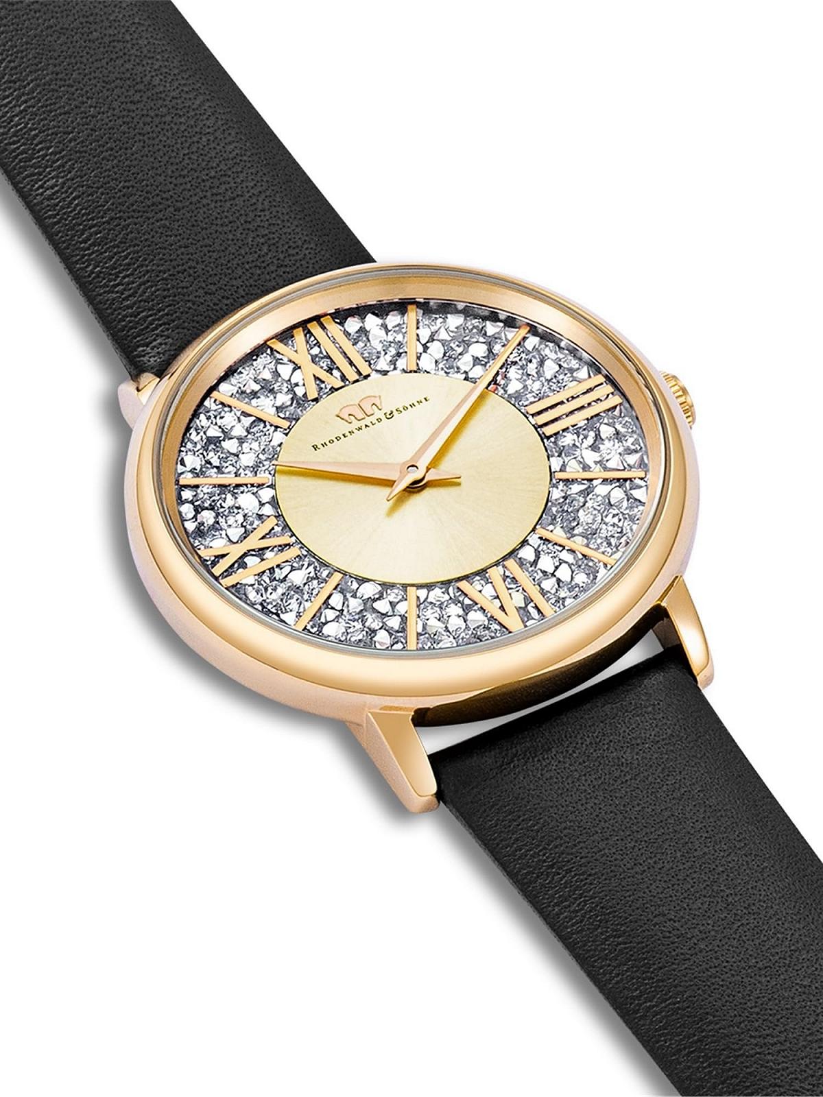 Жіночий годинник Rhodenwald & Söhne, аналоговий, кварцовий, Японія, 10010337, чорний шкіряний ремінець, прикрашений кристалами, золотий, фото №5 Жіночий годинник Rhodenwald & Söhne, аналоговий, кварцовий, Японія, 10010337, чорний шкіряний ремінець, прикрашений кристалами, золотий, фото №5